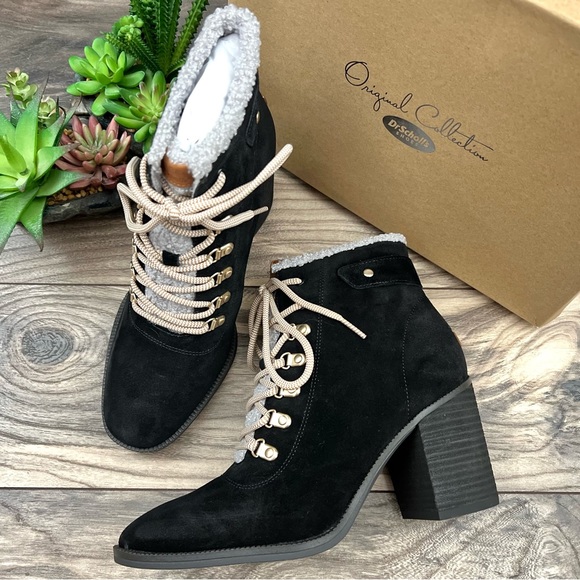NIB Dr Scholls Loni Lace Up Combat Boots Bootie Heeled Black Suede - Picture 2 of 13